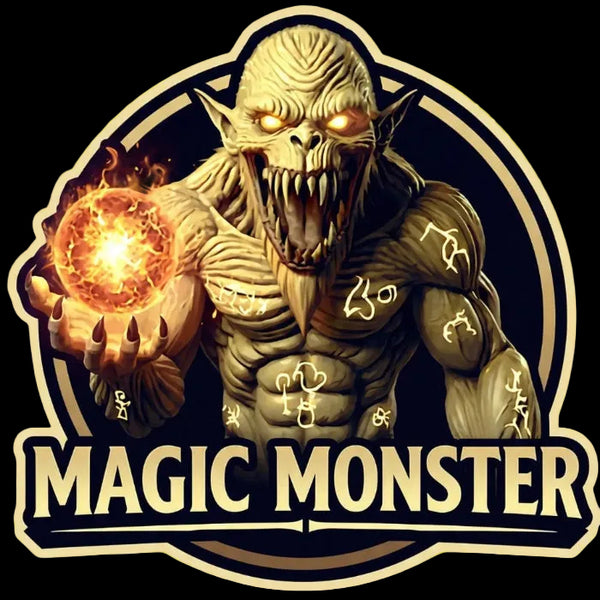 Monster holding a glowing orb with 'Magic Monster' text on a transparent background